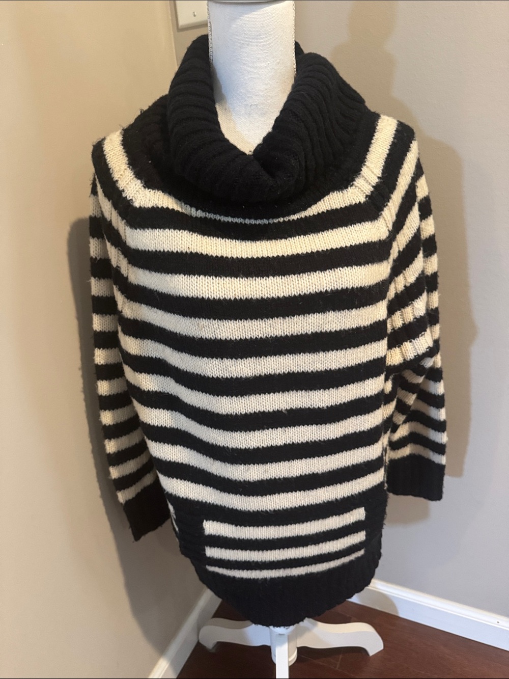 Free People Striped Wool Blend Cowl Neck Kangaroo Pocket Knit Sweater, size S